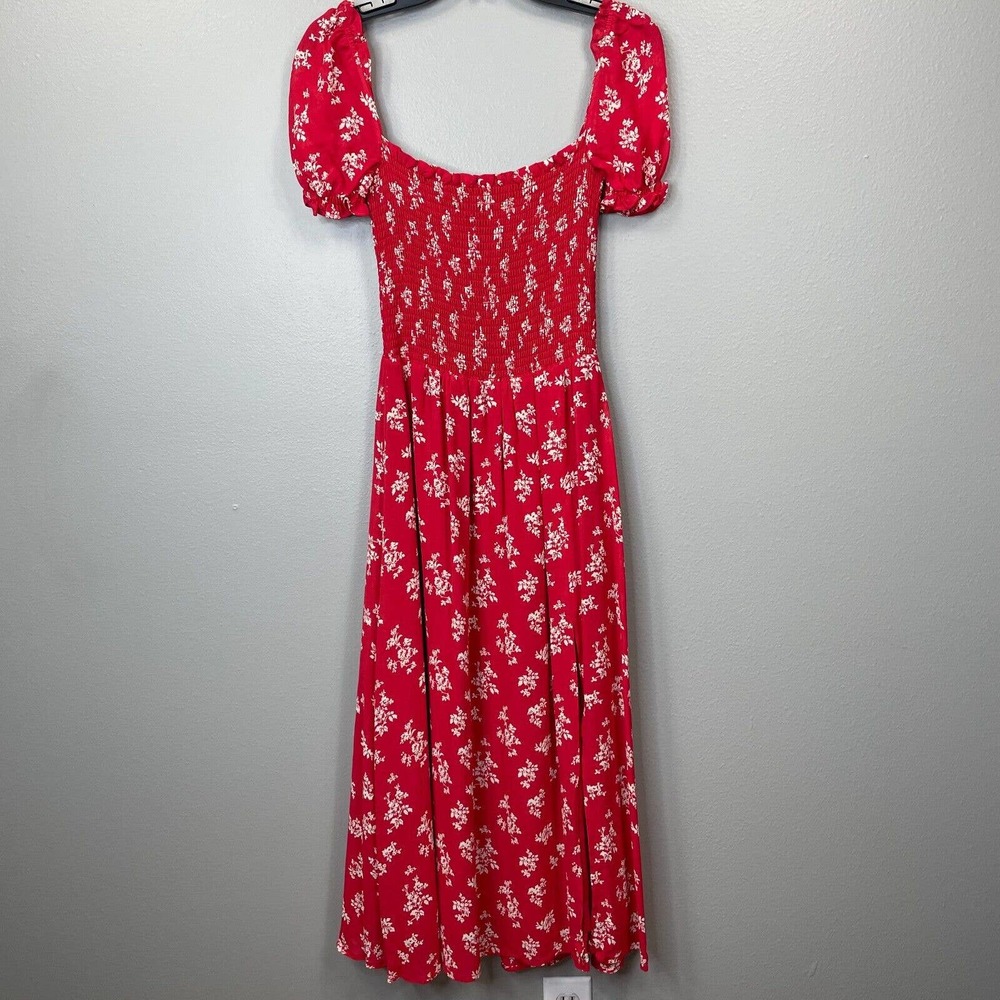 Reformation Inka Dress Womens Medium Red Floral Puff Sleeve Midi Smocked